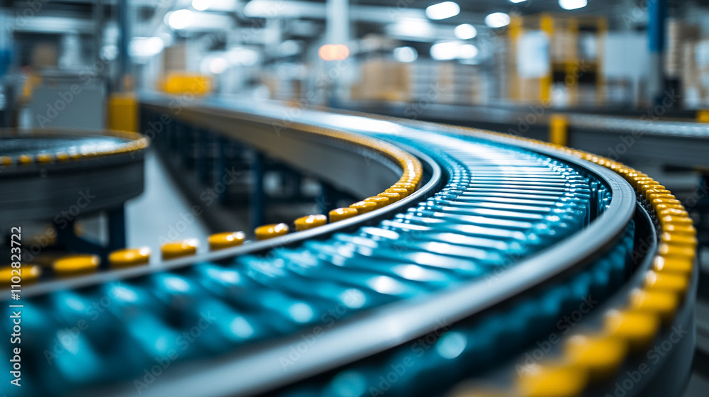 empty conveyor belt in a distribution center, with a blurred background, symbolizing quiet efficiency and potential in logistics and supply chain operations