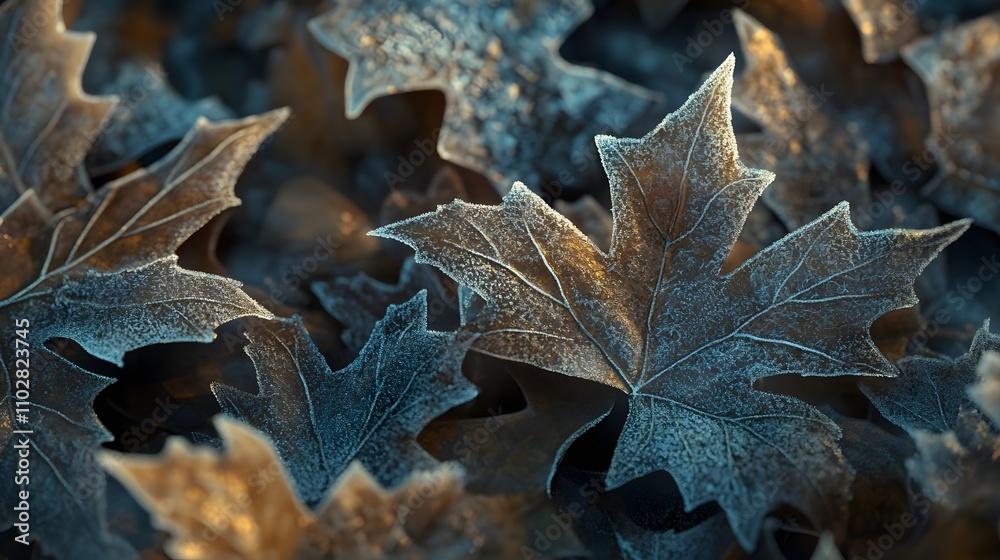 Frost-covered maple leaves, autumnal scene. Frost-covered maple leaves, autumnal scene.