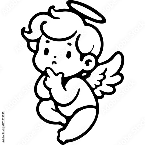 Angel Cupid thought in flight chooses next target in monochrome. Simple minimalistic vector in black ink drawing on transparent background