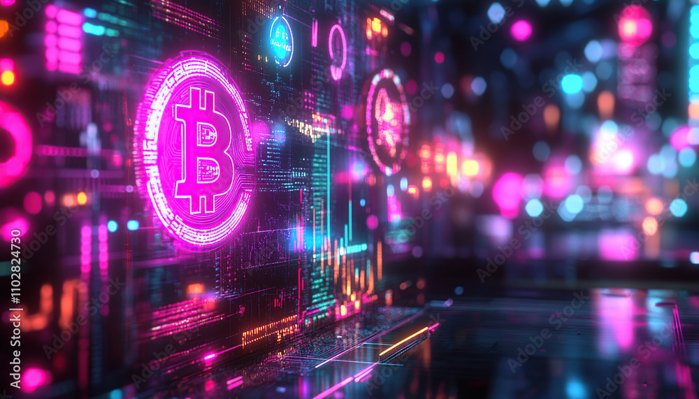 Obraz premium Futuristic financial scene with neon Bitcoin symbol