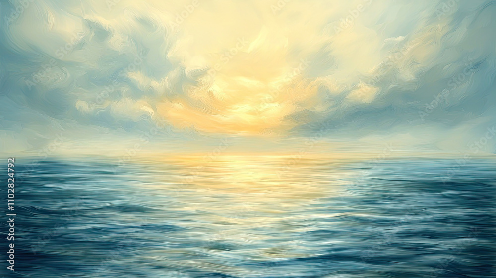 Serene ocean view with soft waves and golden sunset reflecting on water. tranquil atmosphere evokes sense of peace and calmness Serene ocean view with soft waves and golden sunset reflecting on water. tranquil atmosphere evokes sense of peace and calmness