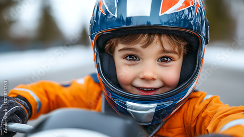 Exciting adventure of a young racer in a toy car suitably dressed for the race photo