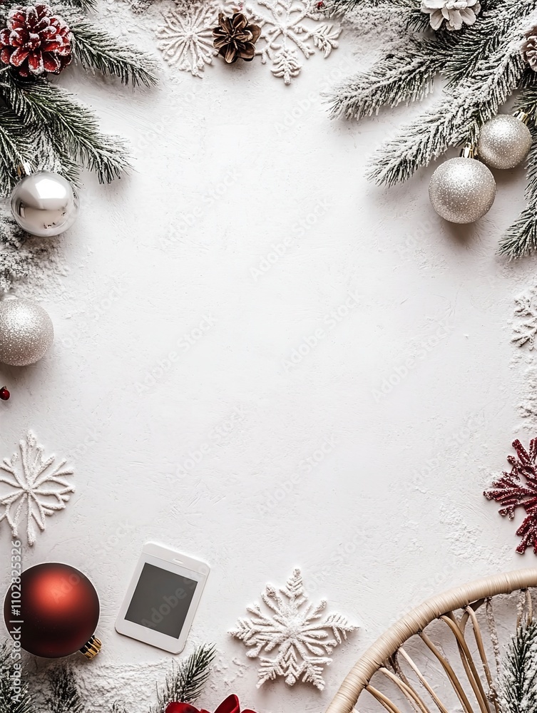 Fototapeta premium Festive Winter Frame with Copy Space Christmas Decorations and Snowy Branches