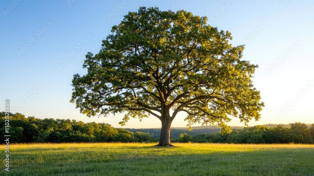 Fototapeta premium Lone tree standing majestically in a sunlit meadow during golden hour.