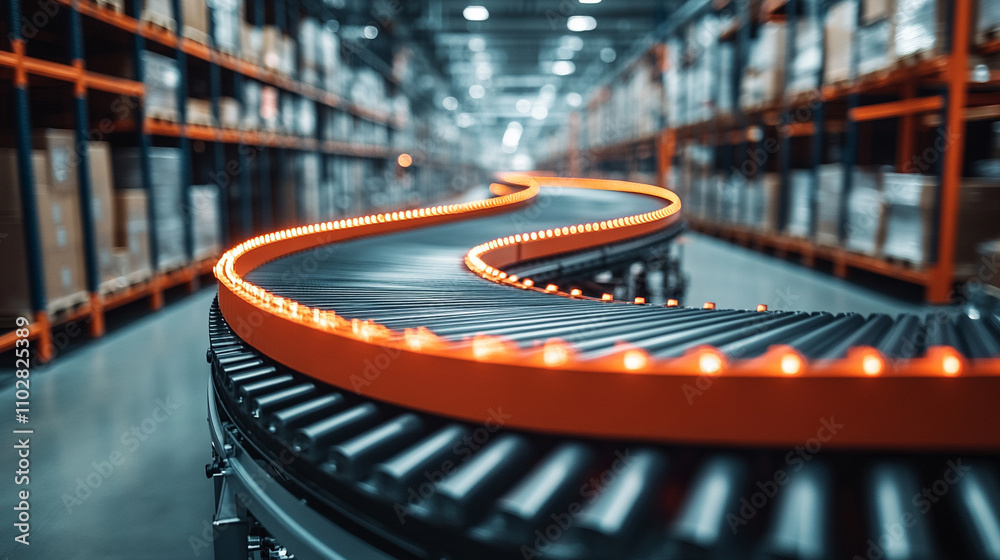 empty conveyor belt in a distribution center, with a blurred background, symbolizing quiet efficiency and potential in logistics and supply chain operations