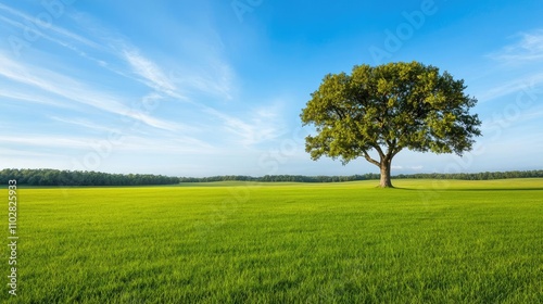 Lone tree in a green field under a clear blue sky.