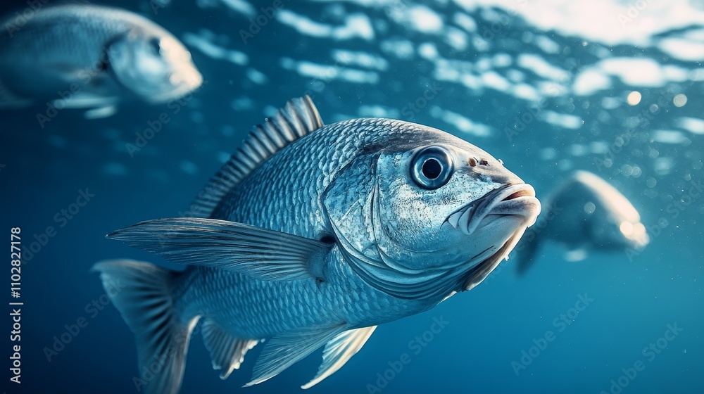 Underwater scene featuring fish swimming in a clear blue ocean. Underwater scene featuring fish swimming in a clear blue ocean.