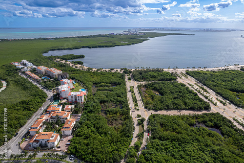 Aerial Drone View of Cancun City Center Near Nichupte Lagoon and Hotel Zone photo