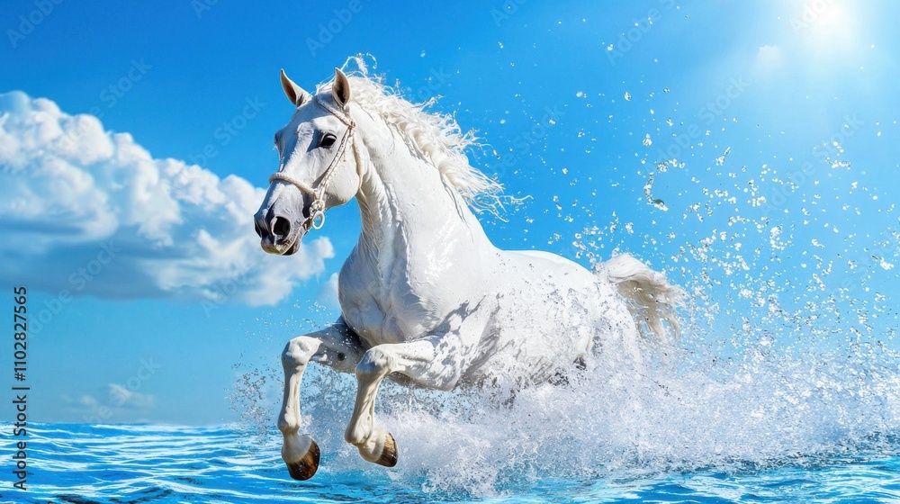 Majestic white horse running through water against dramatic blue sky Majestic white horse running through water against dramatic blue sky