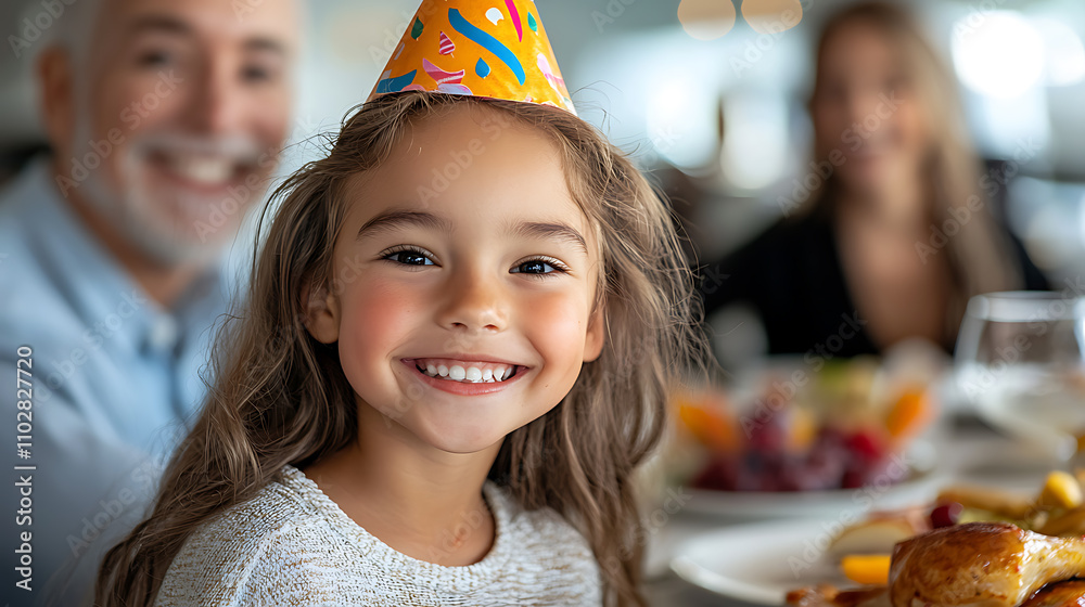 Celebrate joyful moments a smiling child in a birthday hat enjoys a delicious dinner with family Celebrate joyful moments a smiling child in a birthday hat enjoys a delicious dinner with family