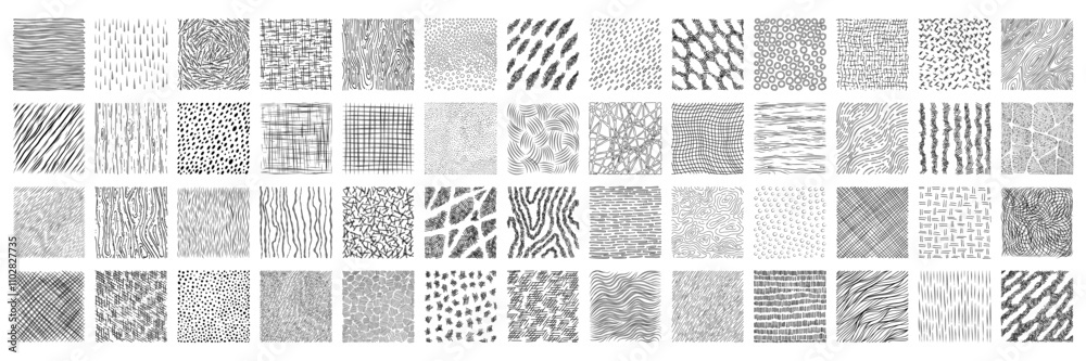 Set of hand drawn crosshatch pattern texture. Wood, rain, stripe, hatch organic shape collection. Sketch vector illustration