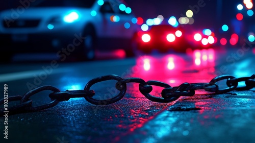 A close-up of a chain on a wet road with blurred police light in the background. photo