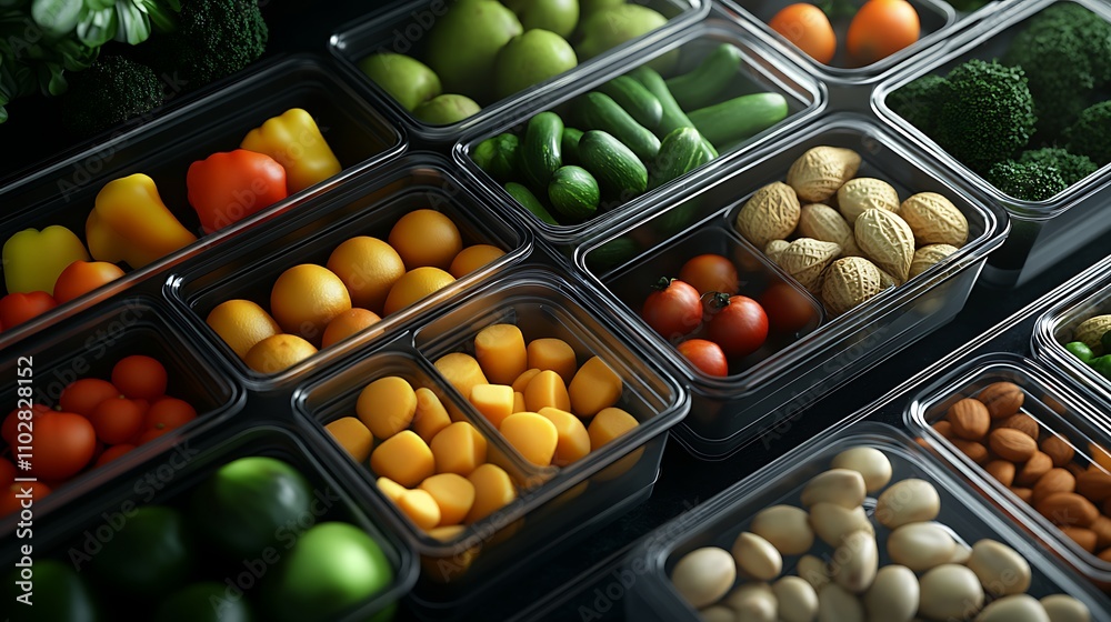 fresh vegetables in plastic containers. fresh vegetables in plastic containers.