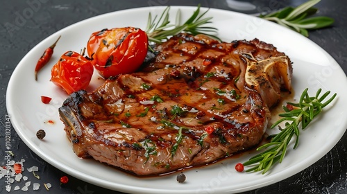 Grilled steak with rosemary and cherry tomatoes.