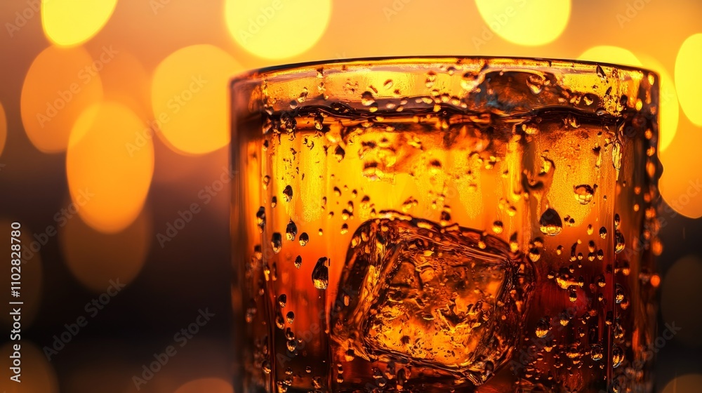 A close-up of a glass filled with a fizzy beverage and ice, set against a warm, blurred background.