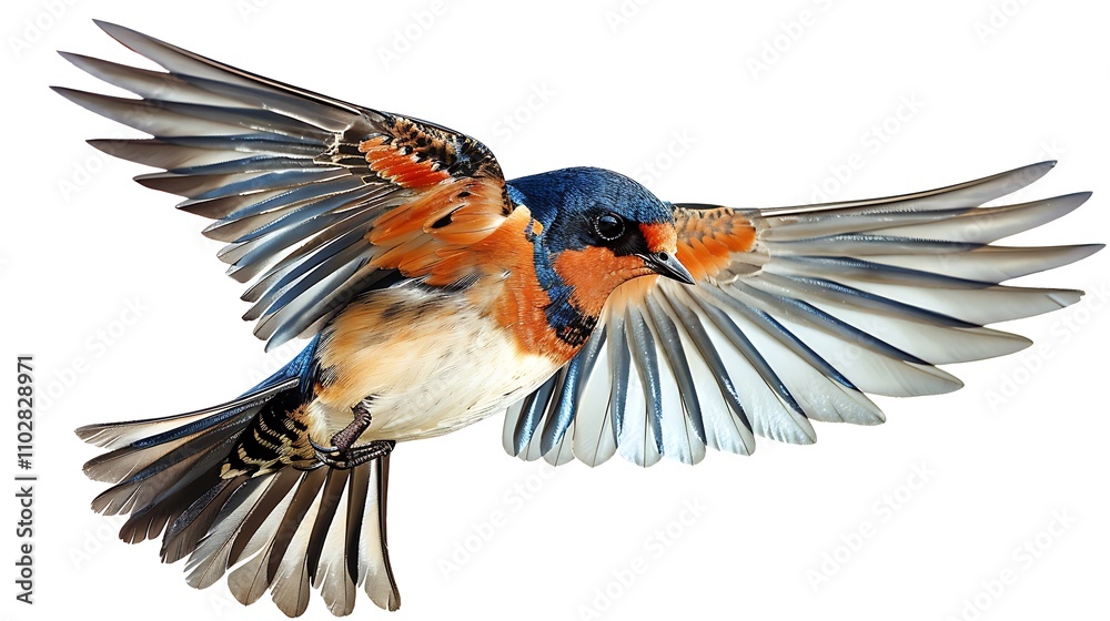 Obraz premium A sweet swallow with agile wings, flying swiftly through the air on a white background