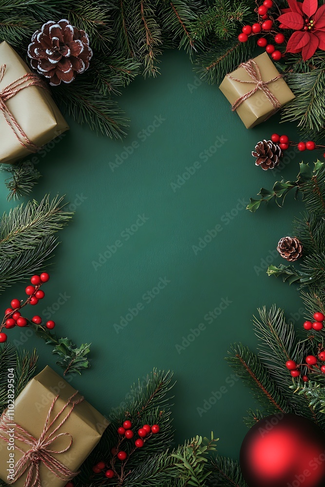Flat lay Christmas setup on a minimalistic green background, featuring festive red and green elements Flat lay Christmas setup on a minimalistic green background, featuring festive red and green elements