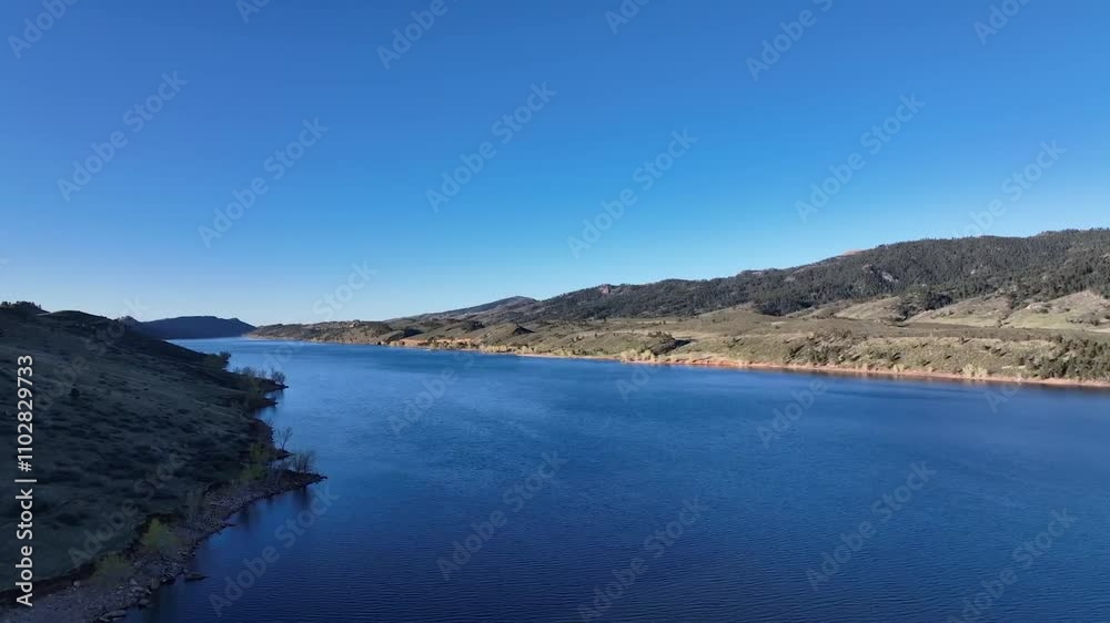 Drone view of Horsetooth Reservoir located in Fort Collins, Colorado Drone view of Horsetooth Reservoir located in Fort Collins, Colorado