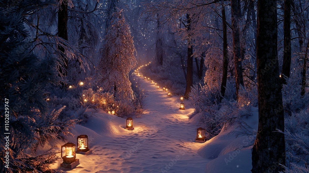 Magical Winter Forest with Snowy Lantern Path