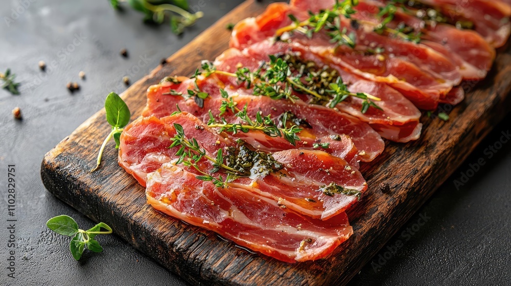 Sliced meat on a wooden board garnished with herbs, dark background. Sliced meat on a wooden board garnished with herbs, dark background.