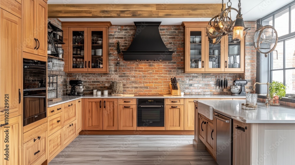Fototapeta premium A modern kitchen featuring wooden cabinets, brick walls, and stylish appliances for cooking and dining.