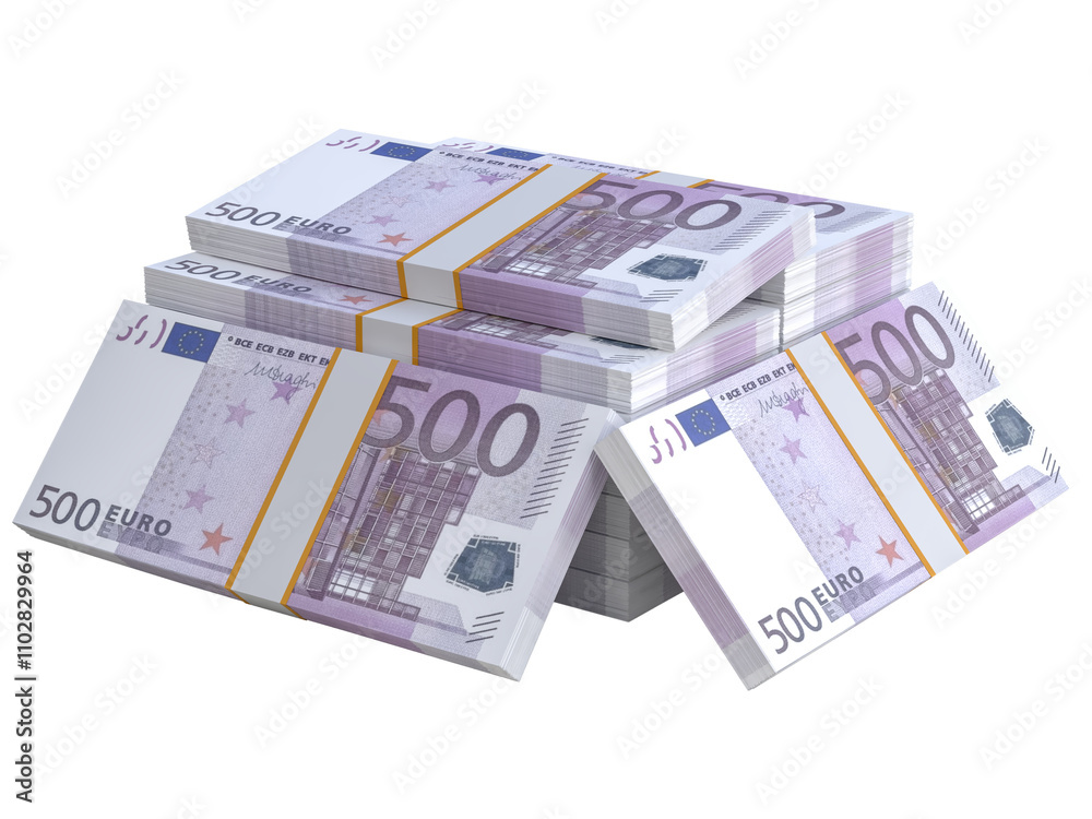 Stack of EU Euro paper currency. 3D Euro cash 500 banknotes. Pile of us currency isolated on background. Creative business european union economic finance making money or saving concept Stack of EU Euro paper currency. 3D Euro cash 500 banknotes. Pile of us currency isolated on background. Creative business european union economic finance making money or saving concept