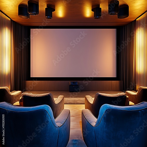 A luxury home cinema with plush seating, a large projector screen, and dim ambient lighting, featuring soft velvet chairs, warm lighting, and a clean, modern aesthetic photo