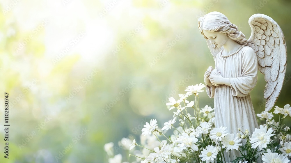 A serene angel statue at a cemetery, surrounded by white flowers, with a blurred green background and space for text on the side A serene angel statue at a cemetery, surrounded by white flowers, with a blurred green background and space for text on the side