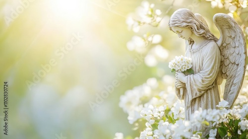 A serene angel statue at a cemetery, surrounded by white flowers, with a blurred green background and space for text on the side