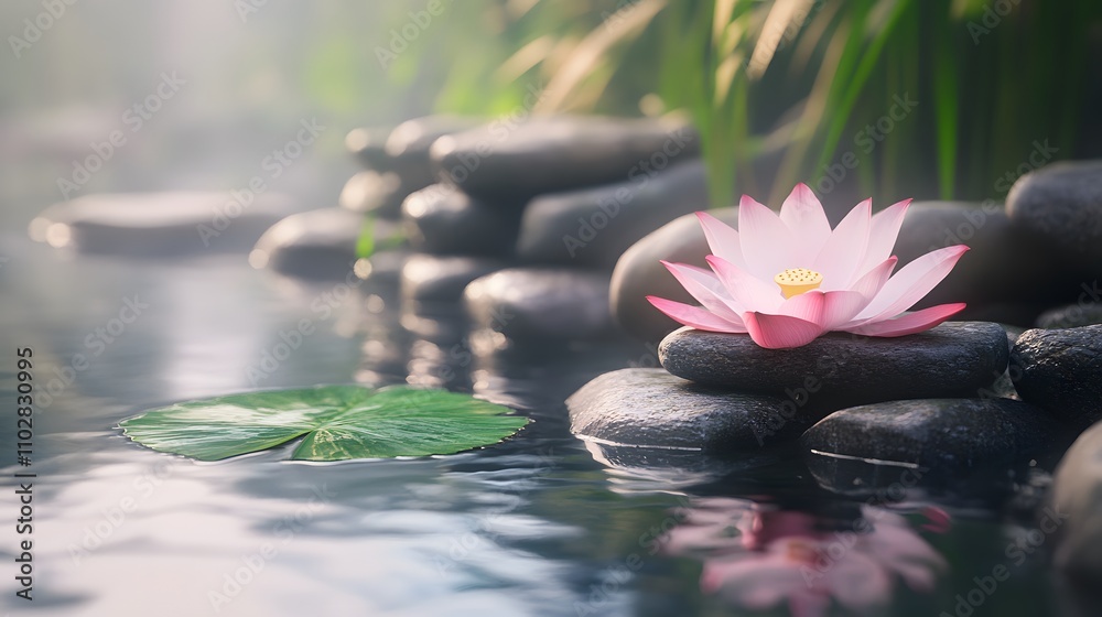 Pink lotus flower on smooth stones by tranquil water. Pink lotus flower on smooth stones by tranquil water.