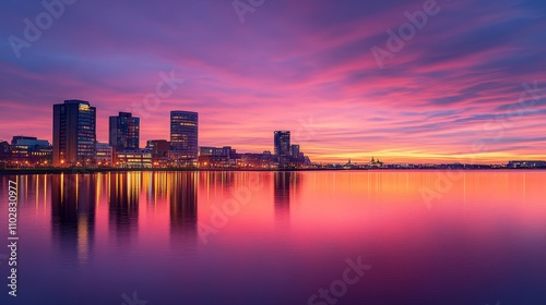 A vibrant sunset reflecting over a calm body of water with city skyline in the background.