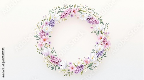 Casual watercolor wreath of crocuses, lilacs, and lilies of the valley, garden aesthetic, freeform