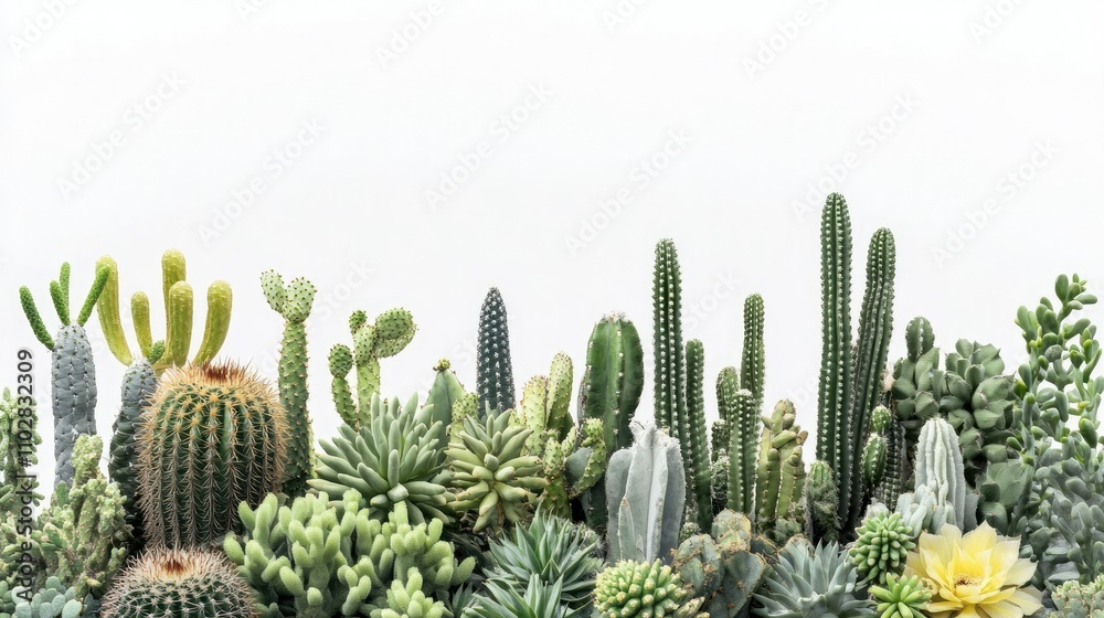custom made wallpaper toronto digitalA stark white backdrop highlighting the vibrant greens and yellows of a variety of cacti, full of intricate details