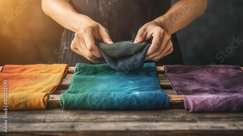 Artisan preparing handdyed fabrics, colorful patterns emerging in realtime photo