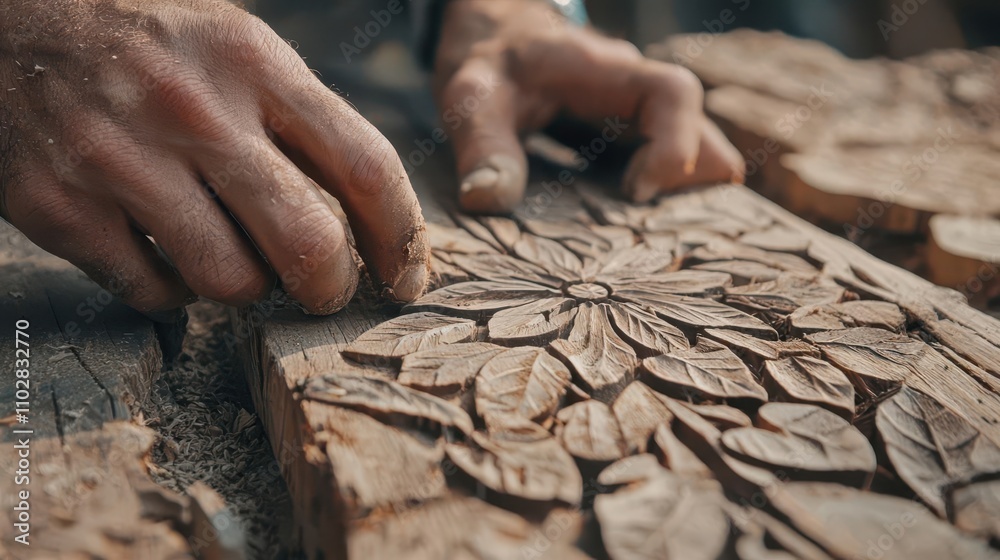 Artisan s hands carving wood, showcasing craftsmanship and traditional skills Artisan s hands carving wood, showcasing craftsmanship and traditional skills