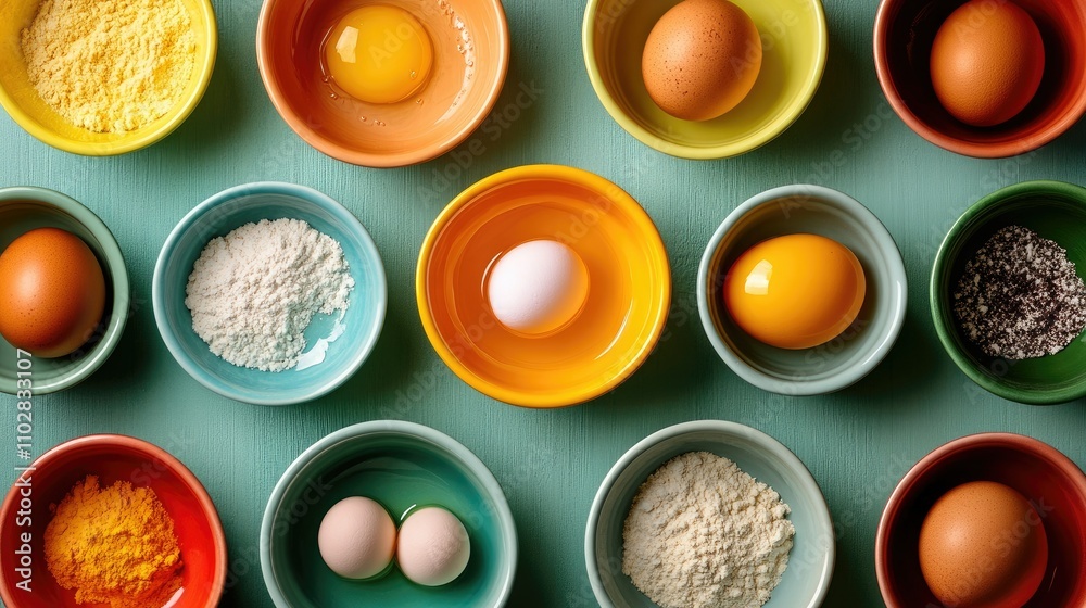 A top-down perspective on prepped baking ingredients in an artistic array of colorful bowls with cracked eggs in the center A top-down perspective on prepped baking ingredients in an artistic array of colorful bowls with cracked eggs in the center