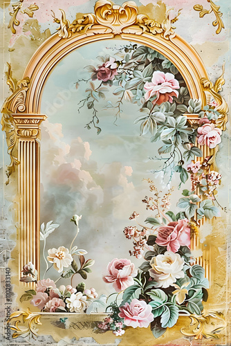 A beautiful Rococo style arch with floral accents, in a rectangular gold frame on a pastel background, a watercolor illustration photo