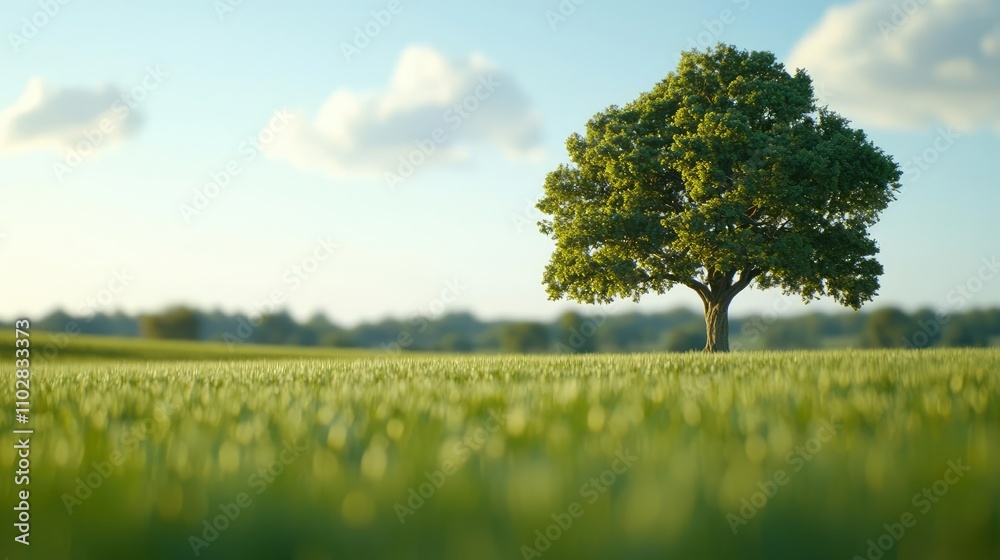 Fototapeta premium Lone tree in a green field under clear blue sky, peaceful nature scene