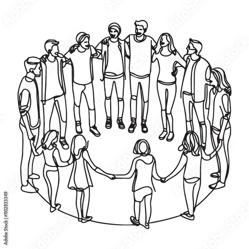 One continuous single drawing black line art doodle of a group of friends standing in a circle
