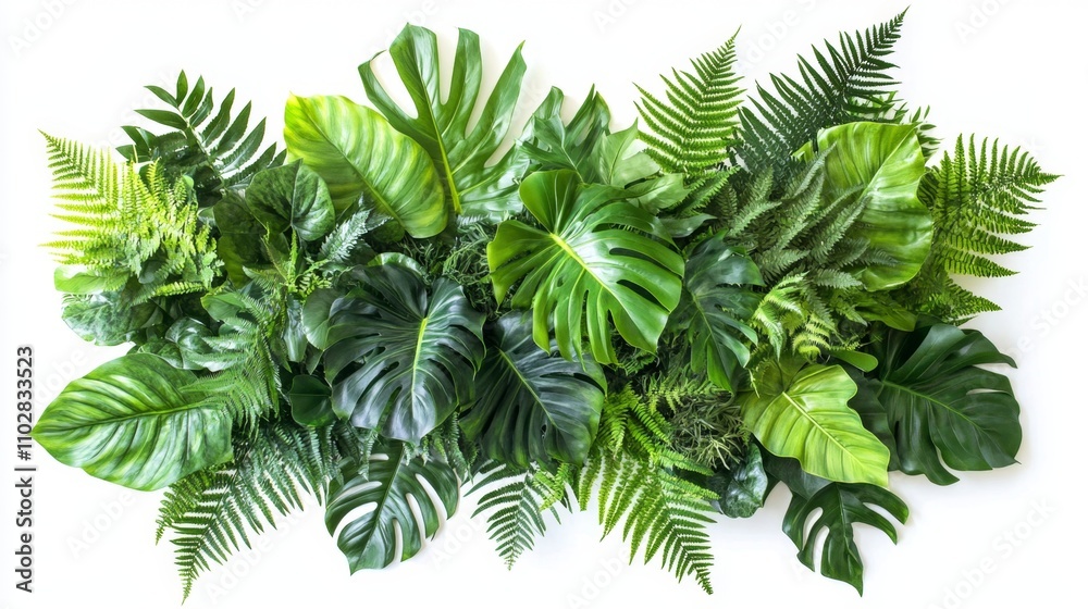 Tropical green leaves forest plant Monstera, fern, and climbing bird’s nest fern foliage plants floral bunch for wedding and ceremony decoration isolated on white background Tropical green leaves forest plant Monstera, fern, and climbing bird’s nest fern foliage plants floral bunch for wedding and ceremony decoration isolated on white background