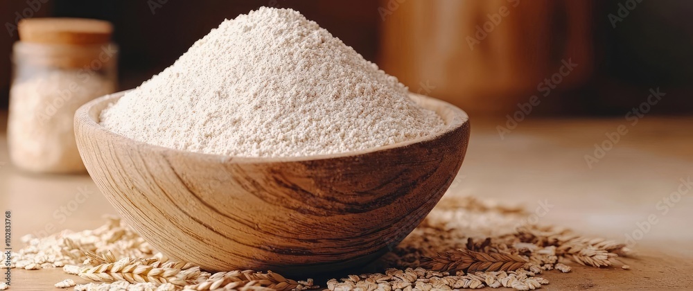 Bowl of fine flour on wooden surface, rustic kitchen setting. Bowl of fine flour on wooden surface, rustic kitchen setting.