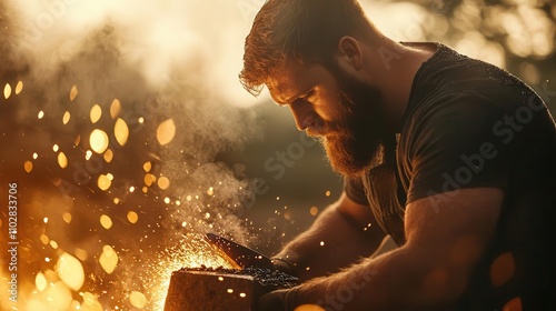 Blacksmith forging metal on an anvil, sparks flying, handcrafted creation in progress