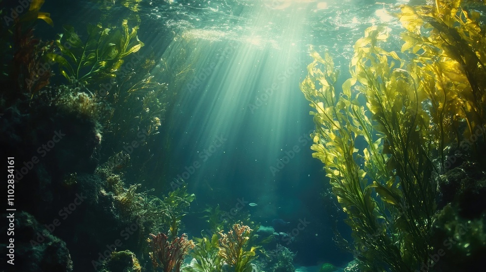 Obraz premium A vibrant kelp forest underwater, with sunlight streaming through, showcasing the vital role of marine plants in carbon sequestration