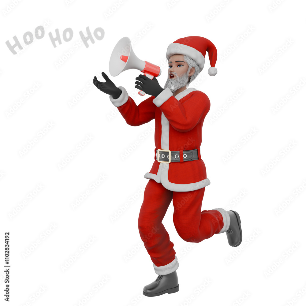 Santa Claus Cartoon Art Style. A Santa Claus man runs with his left hand holding a loudspeaker, happy expression. 3D Character Design Santa Claus Cartoon Art Style. A Santa Claus man runs with his left hand holding a loudspeaker, happy expression. 3D Character Design