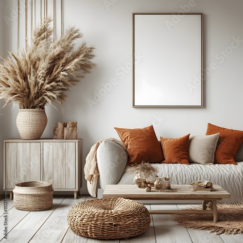 Cozy Modern Living Room with Neutral Tones and Natural Elements: Featuring a Beige Sofa, Orange and Textured Cushions, Wicker Accents, Wooden Furniture, and Dried Pampas Grass Decor.