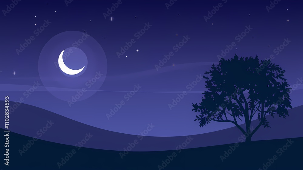 Moonlit night illustration with a crescent moon, stars, silhouetted tree, and gradient sky in flat style. Moonlit night illustration with a crescent moon, stars, silhouetted tree, and gradient sky in flat style.