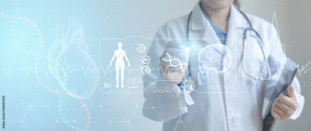 Doctor diagnosis and digital healthcare and network connection on medical technology holographic virtual reality interface Doctor diagnosis and digital healthcare and network connection on medical technology holographic virtual reality interface