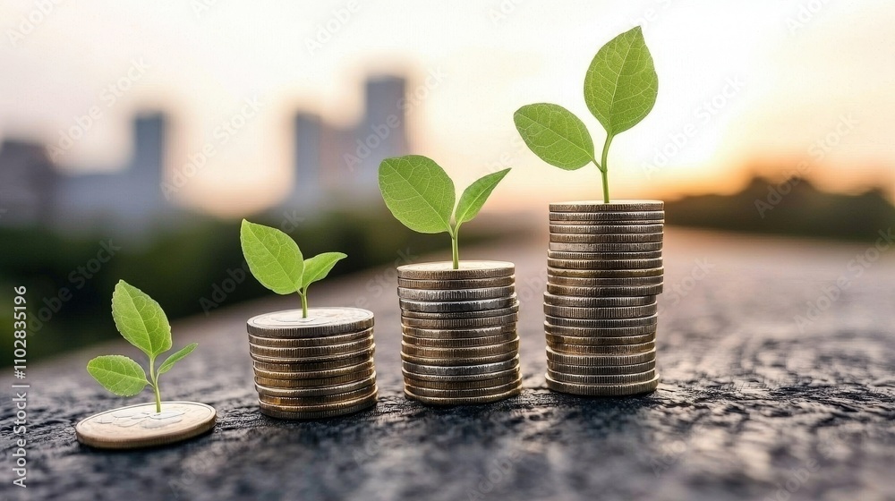 Growing Business Investment Plants Coins at Sunset Growing Business Investment Plants Coins at Sunset