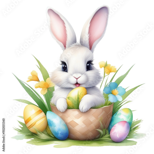 Easter bunny holding a basket with colorful eggs, surrounded by festive decorations