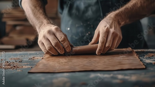 Designer handtooling leather for a custom bag, skillful work in progress